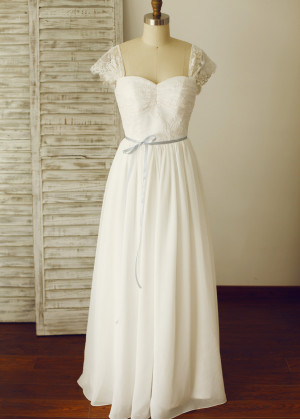Cap Sleeves Ivory Lace Chiffon Corset Back Wedding Dress